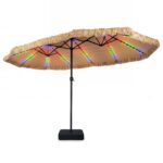 Costway Ombrellone di paglia con LED e base e manovella, Parasole hawaiano da giardino con stecche robuste e palo metallo - immagine 5