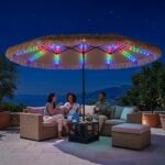 Costway Ombrellone di paglia con LED e base e manovella, Parasole hawaiano da giardino con stecche robuste e palo metallo - immagine 3