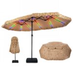 Costway Ombrellone di paglia con LED e base e manovella, Parasole hawaiano da giardino con stecche robuste e palo metallo - immagine 4