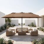 Costway Ombrellone doppio da giardino con luci regolabili manovella, Ombrellone ampio doppio protezione solare resistente Marrone - immagine 2