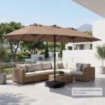 Costway Ombrellone doppio da giardino con luci regolabili manovella, Ombrellone ampio doppio protezione solare resistente Marrone - immagine 4