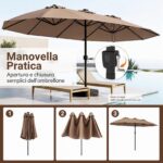 Costway Ombrellone doppio da giardino con luci regolabili manovella, Ombrellone ampio doppio protezione solare resistente Marrone - immagine 10