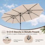 Costway Ombrellone doppio da giardino con luci regolabili manovella base, Ombrellone ampio doppio protezione solare resistente Beige - immagine 5