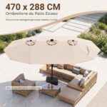 Costway Ombrellone doppio da giardino con luci regolabili manovella base, Ombrellone ampio doppio protezione solare resistente Beige - immagine 7