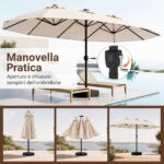 Costway Ombrellone doppio da giardino con luci regolabili manovella base, Ombrellone ampio doppio protezione solare resistente Beige - immagine 10
