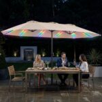 Costway Ombrellone doppio da giardino con luci regolabili manovella base, Ombrellone ampio doppio protezione solare resistente Beige - immagine 3