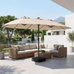 Costway Ombrellone doppio da giardino con luci regolabili manovella base, Ombrellone ampio doppio protezione solare resistente Beige - immagine 2