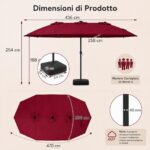 Costway Ombrellone doppio da giardino con luci regolabili manovella base, Ombrellone ampio doppio protezione solare resistente Rosso - immagine 4