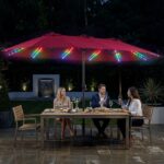 Costway Ombrellone doppio da giardino con luci regolabili manovella base, Ombrellone ampio doppio protezione solare resistente Rosso - immagine 3