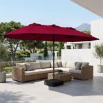 Costway Ombrellone doppio da giardino con luci regolabili manovella base, Ombrellone ampio doppio protezione solare resistente Rosso - immagine 2