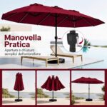 Costway Ombrellone doppio da giardino con luci regolabili manovella base, Ombrellone ampio doppio protezione solare resistente Rosso - immagine 6