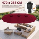 Costway Ombrellone doppio da giardino con luci regolabili manovella base, Ombrellone ampio doppio protezione solare resistente Rosso - immagine 7