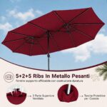 Costway Ombrellone doppio da giardino con luci regolabili manovella base, Ombrellone ampio doppio protezione solare resistente Rosso - immagine 8