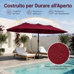 Costway Ombrellone doppio da giardino con luci regolabili manovella base, Ombrellone ampio doppio protezione solare resistente Rosso - immagine 10