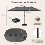 Costway Ombrellone doppio da giardino con luci regolabili manovella base, Ombrellone ampio doppio protezione solare resistente Grigio - immagine 4