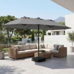 Costway Ombrellone doppio da giardino con luci regolabili manovella base, Ombrellone ampio doppio protezione solare resistente Grigio - immagine 2