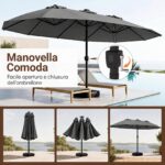 Costway Ombrellone doppio da giardino con luci regolabili manovella base, Ombrellone ampio doppio protezione solare resistente Grigio - immagine 6