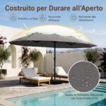 Costway Ombrellone doppio da giardino con luci regolabili manovella base, Ombrellone ampio doppio protezione solare resistente Grigio - immagine 7