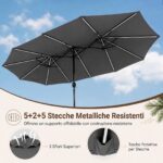 Costway Ombrellone doppio da giardino con luci regolabili manovella base, Ombrellone ampio doppio protezione solare resistente Grigio - immagine 8