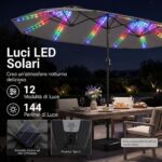 Costway Ombrellone doppio da giardino con luci regolabili manovella base, Ombrellone ampio doppio protezione solare resistente Grigio - immagine 9