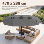 Costway Ombrellone doppio da giardino con luci regolabili manovella base, Ombrellone ampio doppio protezione solare resistente Grigio - immagine 10
