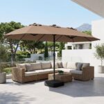 Costway Ombrellone doppio da giardino con luci regolabili manovella base, Ombrellone ampio doppio protezione solare resistente Marrone - immagine 2