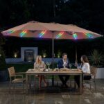 Costway Ombrellone doppio da giardino con luci regolabili manovella base, Ombrellone ampio doppio protezione solare resistente Marrone - immagine 3