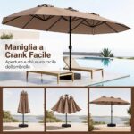 Costway Ombrellone doppio da giardino con luci regolabili manovella base, Ombrellone ampio doppio protezione solare resistente Marrone - immagine 6