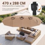 Costway Ombrellone doppio da giardino con luci regolabili manovella base, Ombrellone ampio doppio protezione solare resistente Marrone - immagine 9