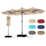 Costway Ombrellone doppio da giardino con luci regolabili manovella base, Ombrellone ampio doppio protezione solare resistente Beige