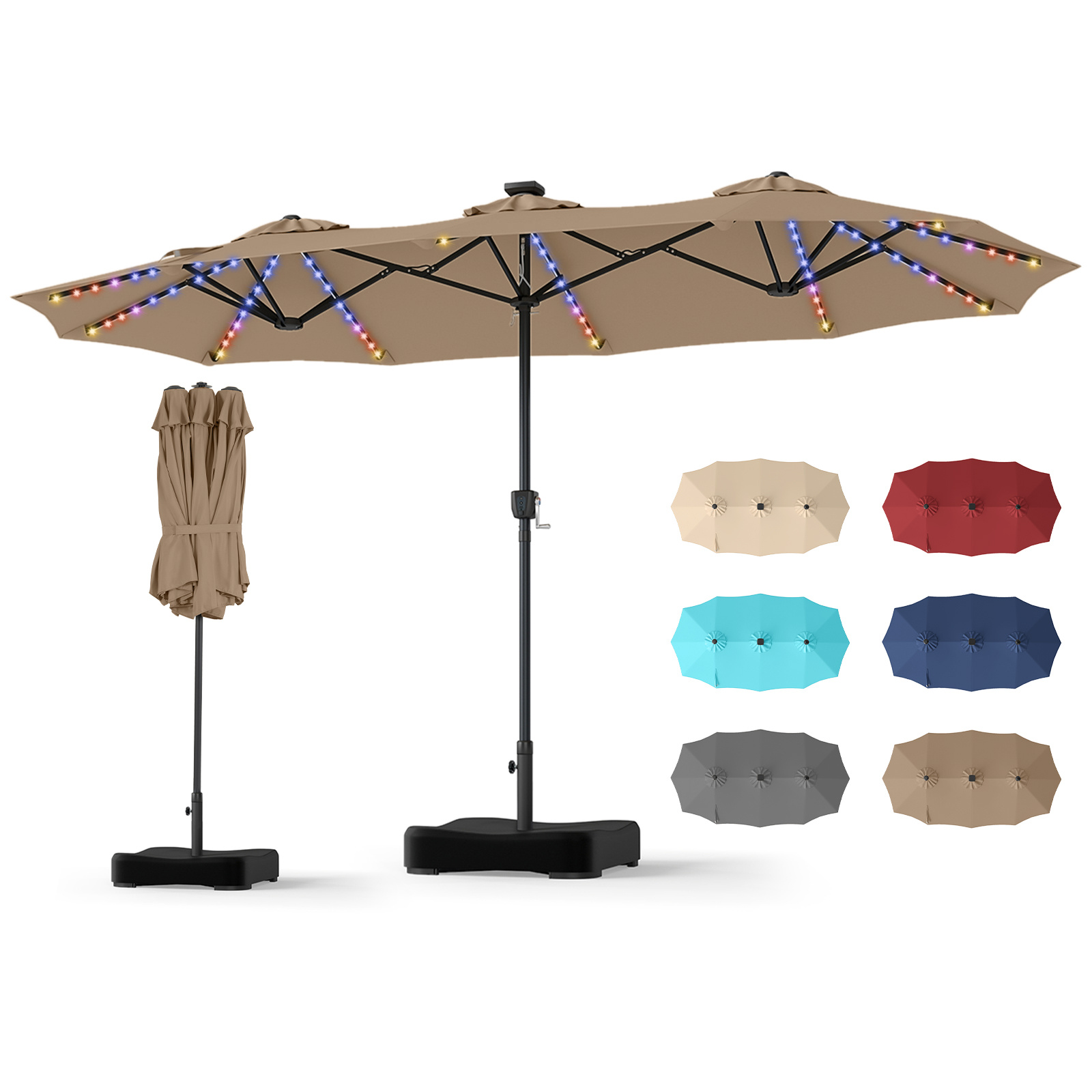 Ombrellone-doppio-da-giardino-con-luci-regolabili-manovella-base-mediaId105178552-1784190135.jpg Costway Ombrellone doppio da giardino con luci regolabili manovella base, Ombrellone ampio doppio protezione solare resistente Marrone - immagine 1
