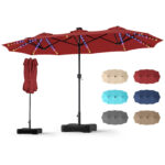 Costway Ombrellone doppio da giardino con luci regolabili manovella base, Ombrellone ampio doppio protezione solare resistente Rosso