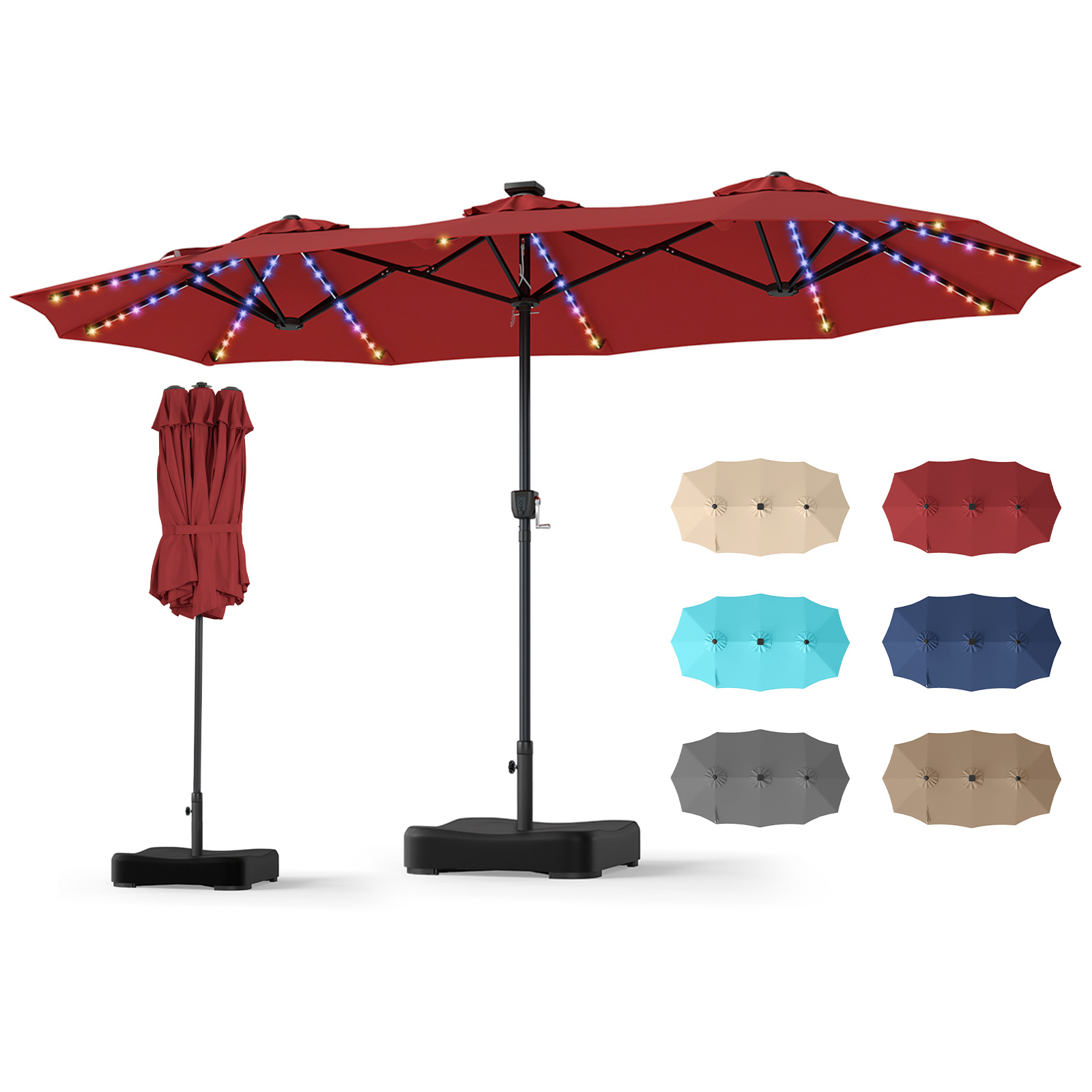 Ombrellone-doppio-da-giardino-con-luci-regolabili-manovella-base-mediaId105178571-1784190100.jpg Costway Ombrellone doppio da giardino con luci regolabili manovella base, Ombrellone ampio doppio protezione solare resistente Rosso - immagine 1
