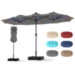Costway Ombrellone doppio da giardino con luci regolabili manovella base, Ombrellone ampio doppio protezione solare resistente Grigio