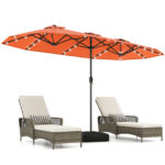 Costway Ombrellone doppio da giardino con luci solari 4x2m, Ombrellone rettangolare grande con manovella base Arancione