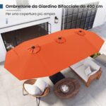 Costway Ombrellone doppio da giardino con luci solari 4x2m, Ombrellone rettangolare grande con manovella base Arancione - immagine 9