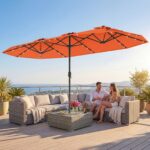 Costway Ombrellone doppio da giardino con luci solari 4x2m, Ombrellone rettangolare grande con manovella base Arancione - immagine 3