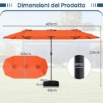 Costway Ombrellone doppio da giardino con luci solari 4x2m, Ombrellone rettangolare grande con manovella base Arancione - immagine 4