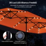 Costway Ombrellone doppio da giardino con luci solari 4x2m, Ombrellone rettangolare grande con manovella base Arancione - immagine 10