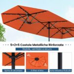Costway Ombrellone doppio da giardino con luci solari 4x2m, Ombrellone rettangolare grande con manovella base Arancione - immagine 7
