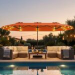 Costway Ombrellone doppio da giardino con luci solari 4x2m, Ombrellone rettangolare grande con manovella base Arancione - immagine 2