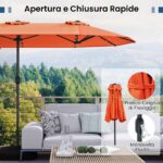 Costway Ombrellone doppio da giardino con luci solari 4x2m, Ombrellone rettangolare grande con manovella base Arancione - immagine 8