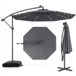 Costway Ombrellone pendente da 350cm con 32 luci LED pannello solare batterie sacco di sabbia, Ombrellone da esterno Grigio