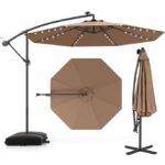 Costway Ombrellone pendente da 350cm con 32 luci LED pannello solare batterie sacco di sabbia, Ombrellone da esterno Marrone