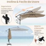 Costway Ombrellone pendente da 350cm con 32 luci LED pannello solare batterie sacco di sabbia, Ombrellone da esterno Marrone - immagine 7