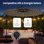 Costway Ombrellone pendente da 350cm con 32 luci LED pannello solare batterie sacco di sabbia, Ombrellone da esterno Marrone - immagine 10