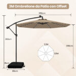 Costway Ombrellone pendente da 350cm con 32 luci LED pannello solare batterie sacco di sabbia, Ombrellone da esterno Marrone - immagine 4