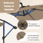 Costway Ombrellone pendente da 350cm con 32 luci LED pannello solare batterie sacco di sabbia, Ombrellone da esterno Marrone - immagine 6