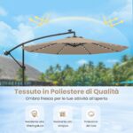 Costway Ombrellone pendente da 350cm con 32 luci LED pannello solare batterie sacco di sabbia, Ombrellone da esterno Marrone - immagine 9