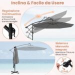 Costway Ombrellone pendente da 350cm con 32 luci LED pannello solare batterie sacco di sabbia, Ombrellone da esterno Grigio - immagine 7